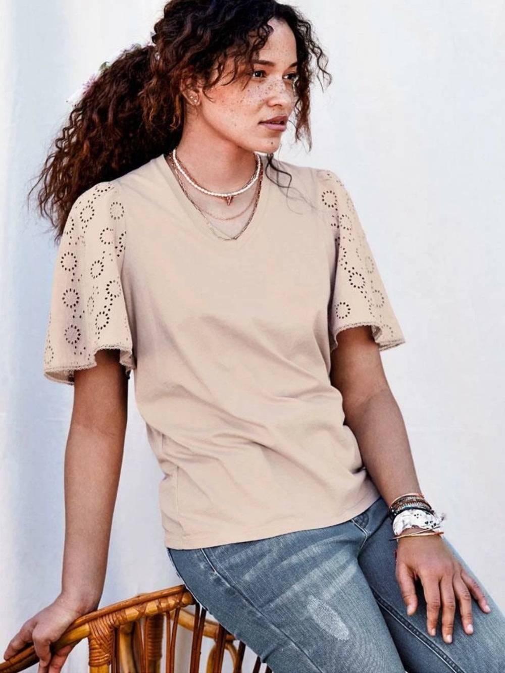 Matilda Jane Good Hart Barton Tee Tan Beige Eyelet Sleeve V-Neck Top